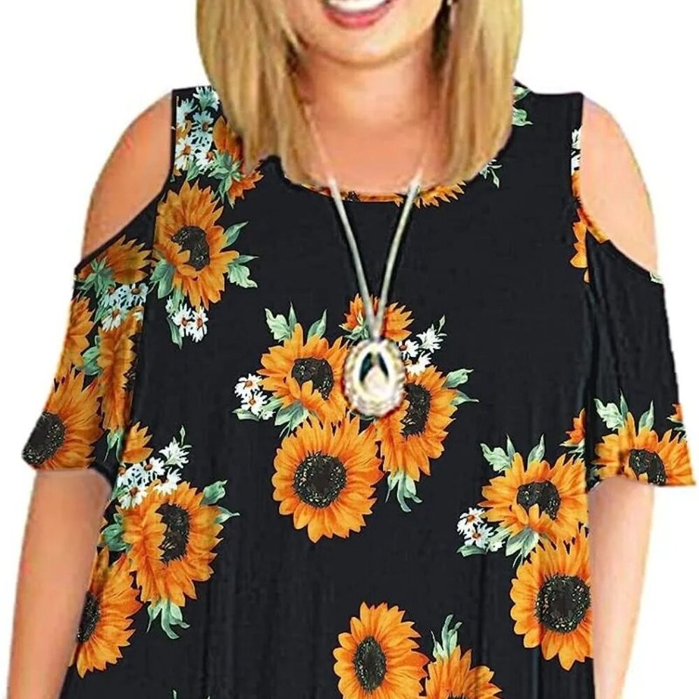 Kancystore Plus Size Dresses Short Sleeve Cold Shoulder Casual